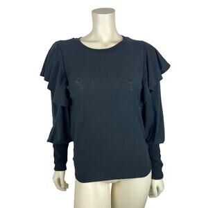 NEW Nation LTD Black Ruffle Shoulder Shirt Size S Cuffed Long Sleeve Tee Small